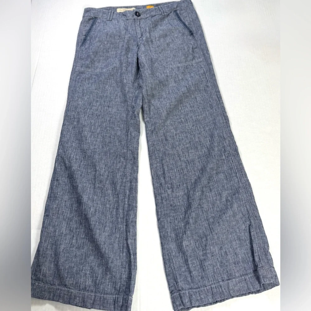 PILCRO Anthropologie Wide Leg Linen Blend Chambray Pants Blue Size 6 - Picture 2 of 11
